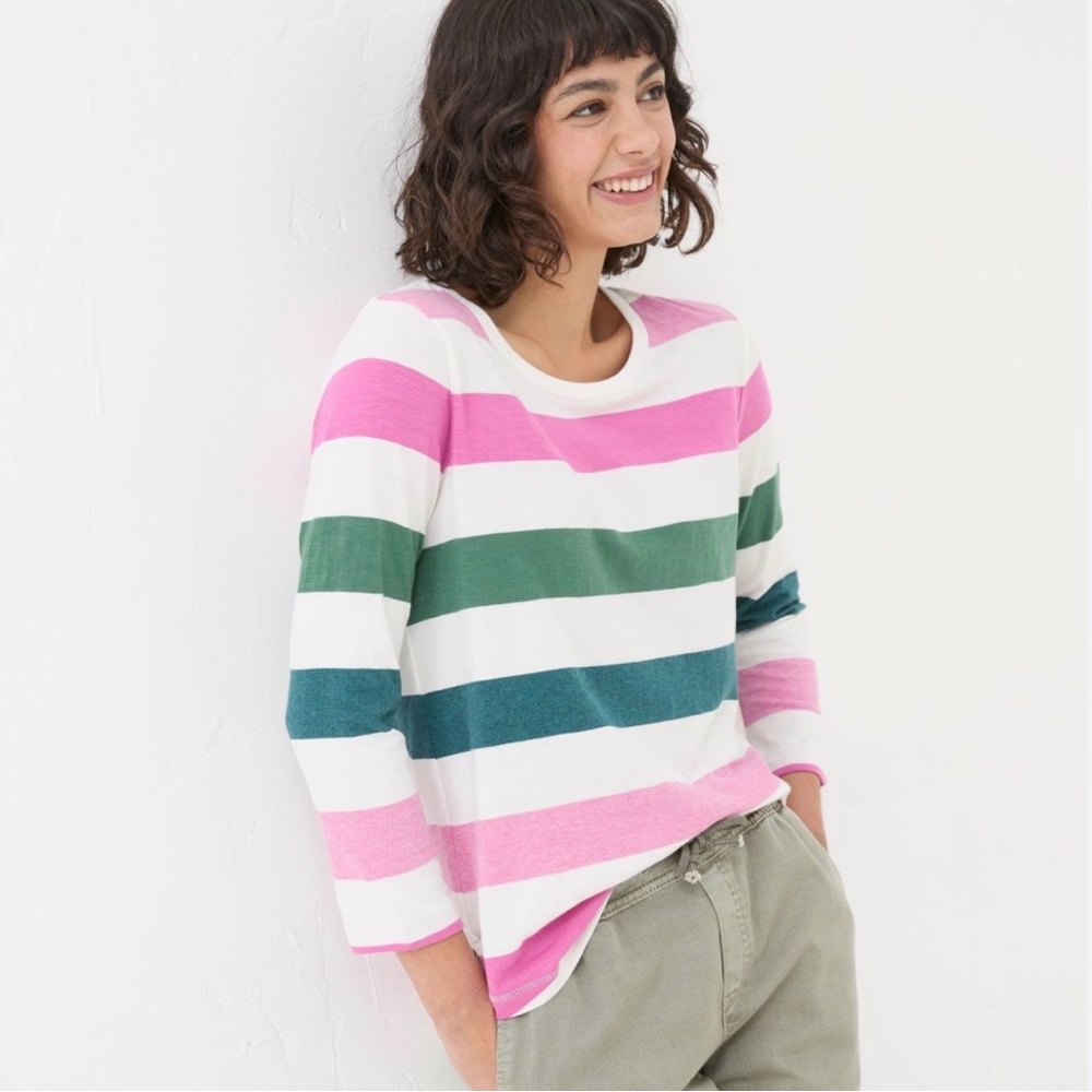 Fatface UK Natalie 3/4 Sleeve Tee 12  All Cotton Rugby Stripe Pink White Preppy